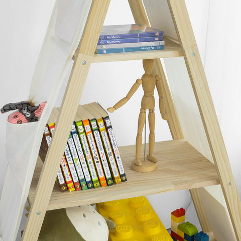 SoBuy KMB30-WN Boekenkastplank op poten Opbergplank voor kinderen met 3 niveaus en 6 zijvakken Speelgoedplank Kinderkamer Plank