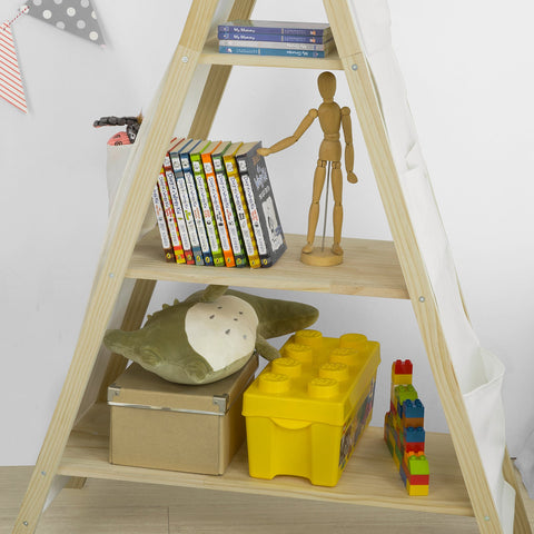 SoBuy KMB30-WN Boekenkastplank op poten Opbergplank voor kinderen met 3 niveaus en 6 zijvakken Speelgoedplank Kinderkamer Plank