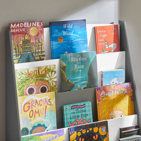 SoBuy KMB32-HG kinderboekenplank met 4 opbergvakken grijs