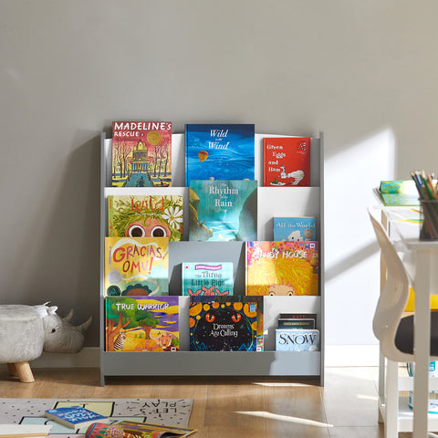 SoBuy KMB32-HG kinderboekenplank met 4 opbergvakken grijs