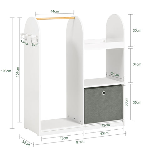 SoBuy KMB40-W Kinderkledingkast, Kinderslaapkamer Kledingrek, Kinderkledingrek, Kledingroedes, Kapstok, Kledingkasten met 3 Planken, 1 Mand en 3 Haken