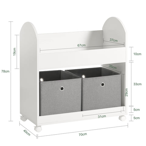 SoBuy KMB53-W Kinderrek met 2 stoffen dozen, boekenrek, kinderopbergrek voor kinderen, boekenstandaard, speelgoedorganizer