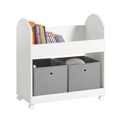 SoBuy KMB53-W Kinderrek met 2 stoffen dozen, boekenrek, kinderopbergrek voor kinderen, boekenstandaard, speelgoedorganizer