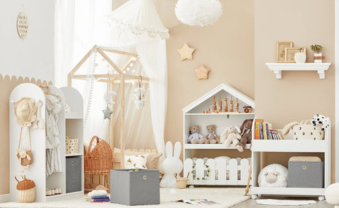 SoBuy KMB53-W Kinderrek met 2 stoffen dozen, boekenrek, kinderopbergrek voor kinderen, boekenstandaard, speelgoedorganizer