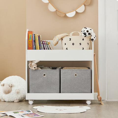 SoBuy KMB53-W Kinderrek met 2 stoffen dozen, boekenrek, kinderopbergrek voor kinderen, boekenstandaard, speelgoedorganizer