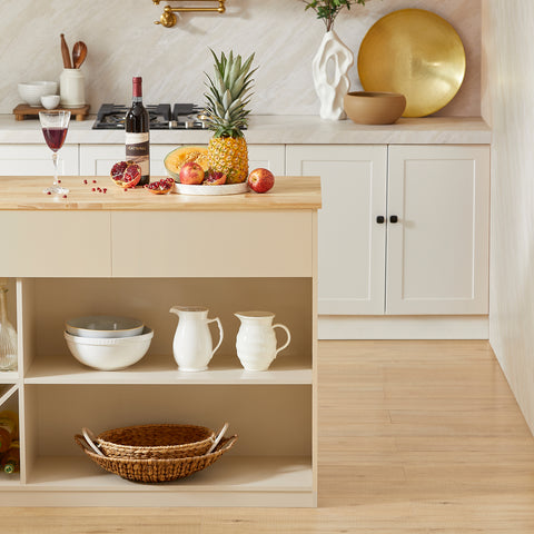 SoBuy KNL04-MI Centraal Keukeneiland, Dressoir, Buffet, Keukenkast, Opbergkast met Meerdere Opbergruimtes met 1 Werkblad, 2 Lades en Open Vakken